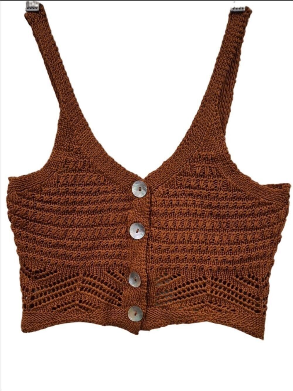 Jolie & Joy Boho Crochet Crop Top – Rust Orange Button-Up Knit Vest